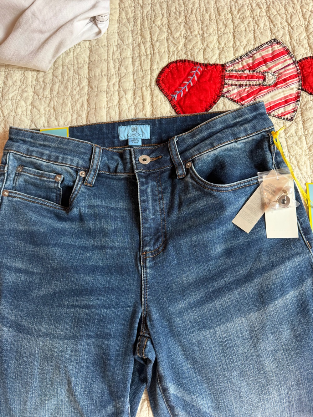 CeCe Slim Straight Jeans in Medium Blue Wash embellished